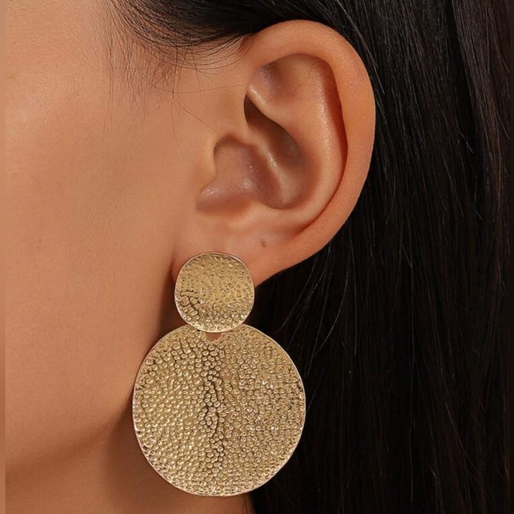 Gold Textured Double Circle Disk Drop Earrings Studs - Women Statement Jewelry